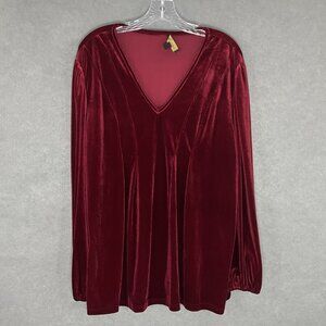 Suzanne Betro Top Womens Sz XL Cherry Red Velvet V-Neck Glam Party‎ Holiday